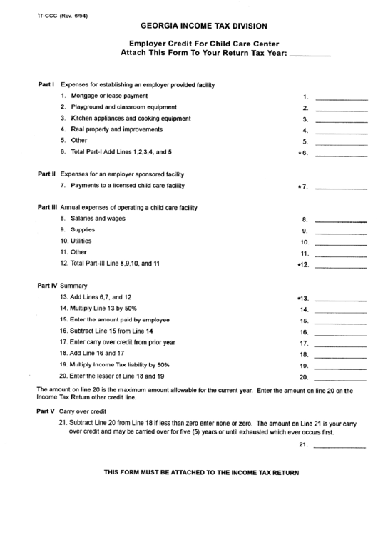 Form It-Ccc - Employer Credit For Child Care Center - Georgia Income Tax Division Printable pdf