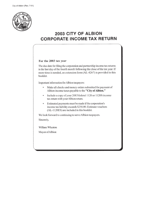Instructions For Corporate Income Tax Return - City Of Albion - 2003 Printable pdf
