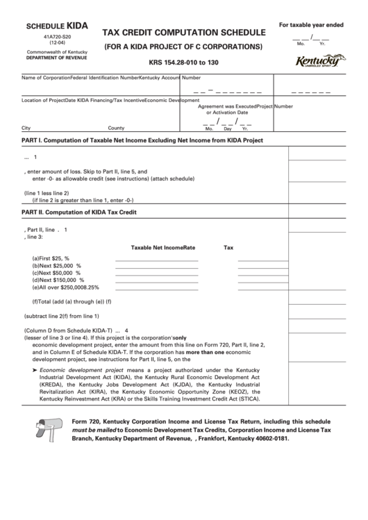 Form 41a720-S20 - Schedule Kida - Tax Credit Computation Schedule - 2004 Printable pdf