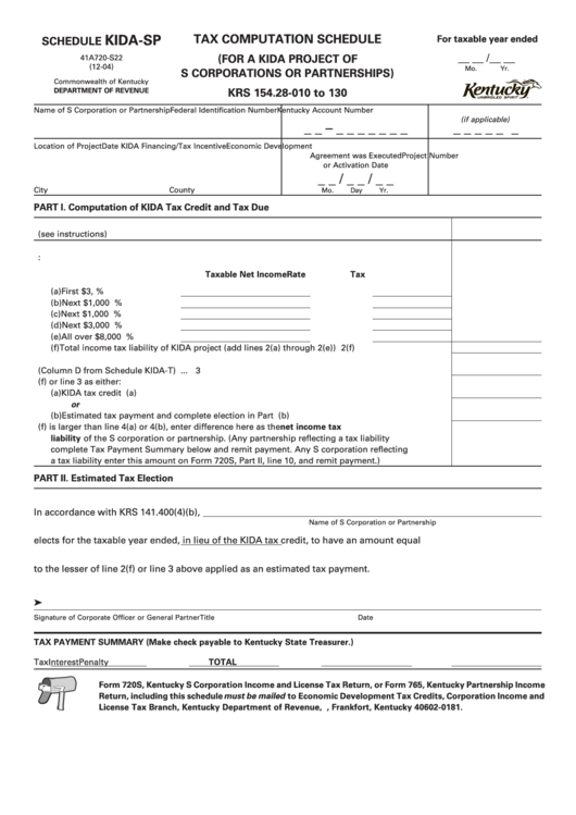 Form 41a720-S22 - Schedule Kida-Sp - Tax Computation Schedule (For A Kida Project Of S Corporations Or Partnerships) Printable pdf