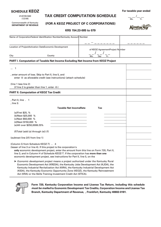 Form 41a720-S40 - Schedule Keoz - Tax Credit Computation Schedule - 2004 Printable pdf