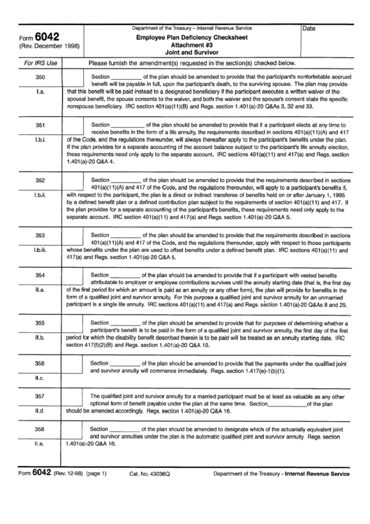 Form 6042 - Employee Plan Deficiency Checksheet Attachment #3 Joint And Survivor Printable pdf