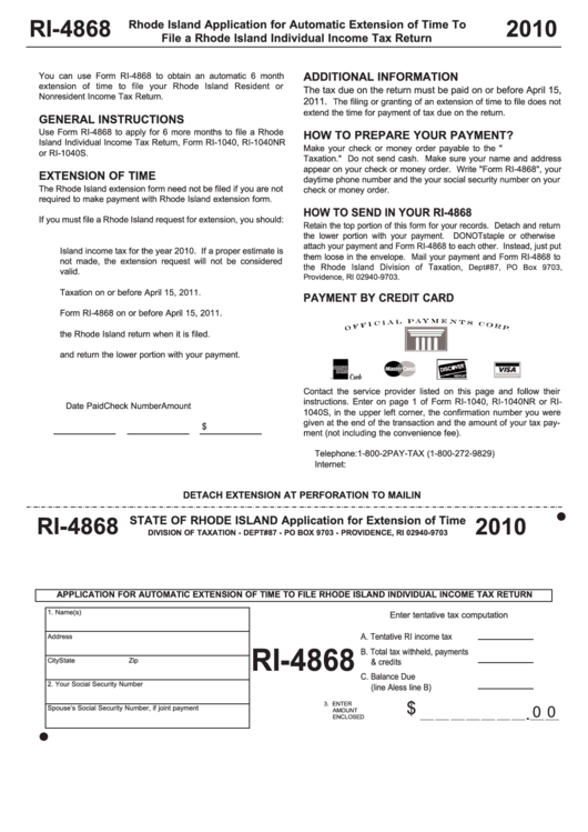 Form Ri-4868 - Application For Automatic Extension Of Time To File Rhode Island Individual Income Tax Return - 2010 Printable pdf