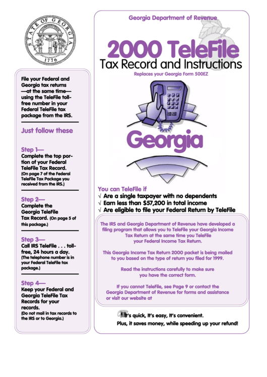 Telefile Tax Record And Instructions - Georgia Department Of Revenue - 2000 Printable pdf