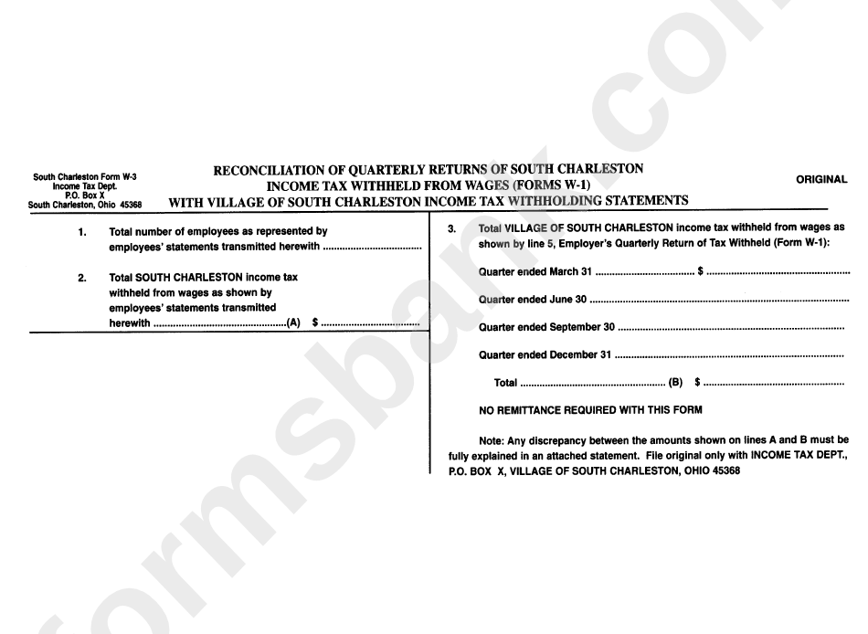 Form W-3 - Reconciliation Of Quarterly Returns Of South Charleston Income Tax Withheld Form Wages (Forms W-1) With Village Of South Charleston Income Tax Withholding Statements