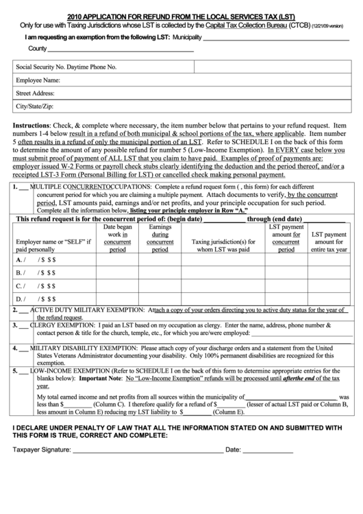 Application Form For Refund From The Local Services Tax (Lst) - 2010 Printable pdf