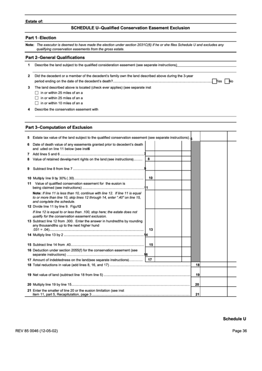 Form Rev 85 0046 - Schedule U - Qualified Conservation Easement Exclusion - Washington Department Of Revenue Printable pdf