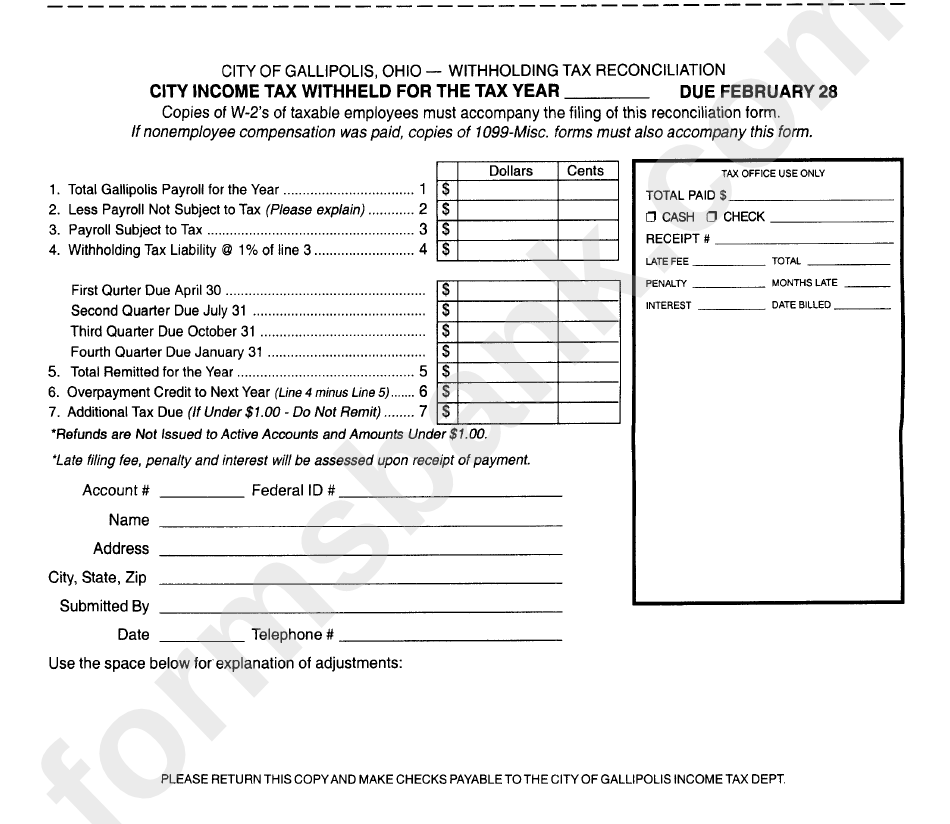 Withholding Tax Reconciliation - City Of Gallipolis, Ohio