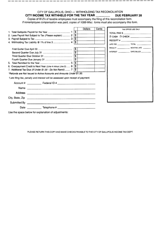 Withholding Tax Reconciliation - City Of Gallipolis, Ohio Printable pdf