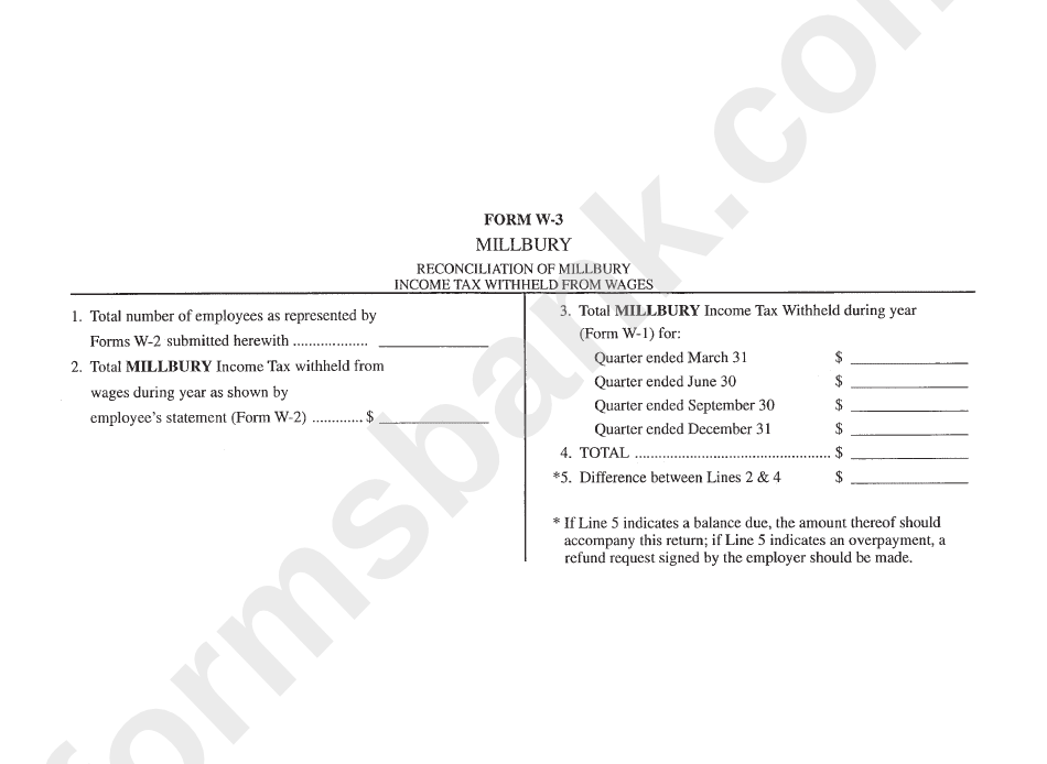 Form W-3 - Reconciliation Of Millbury Income Tax Withheld Form Wages