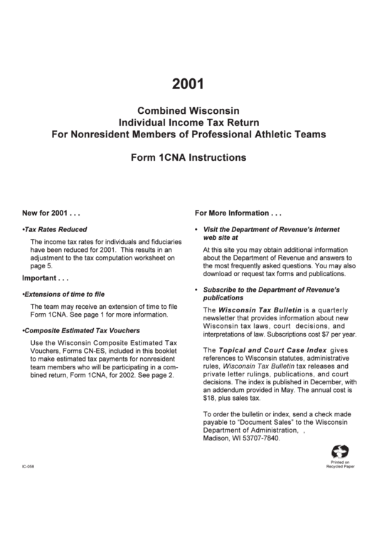 Form 1cna Instructions - Combined Wisconsin Individual Income Tax Return For Nonresident Members Of Professional Athletic Teams - 2001 Printable pdf