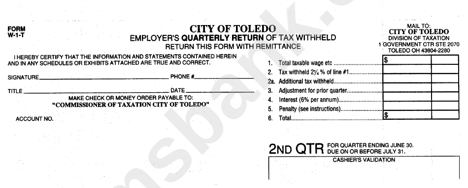 Form W-1-T - City Of Toledo Employer