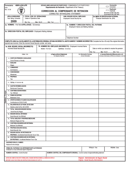 Form 499r-2c/w-2cpr - Corrected Withholding Statement - 2009 Printable pdf