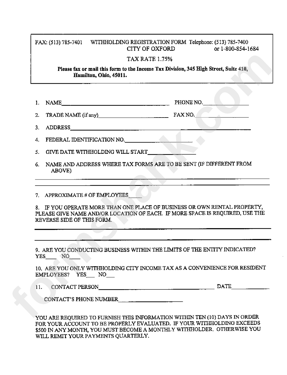 Withholding Registration Form City Of Oxford, Ohio