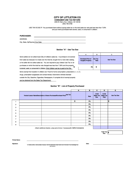 Consumer Use Tax Return - City Of Littleton Printable pdf