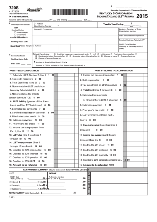 Fillable Form 720s - Kentucky S Corporation Income Tax And Llet Return - 2015 Printable pdf