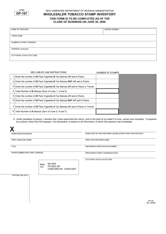 Form Dp-197 - Wholesaler Tobacco Stamp Inventory - Department Of Revenue Administration - 2008 Printable pdf