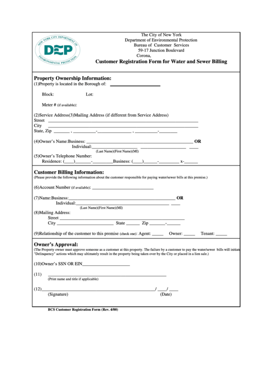 Customer Registration Form For Water And Sewer Billing - New York Department Of Environmental Protection Printable pdf