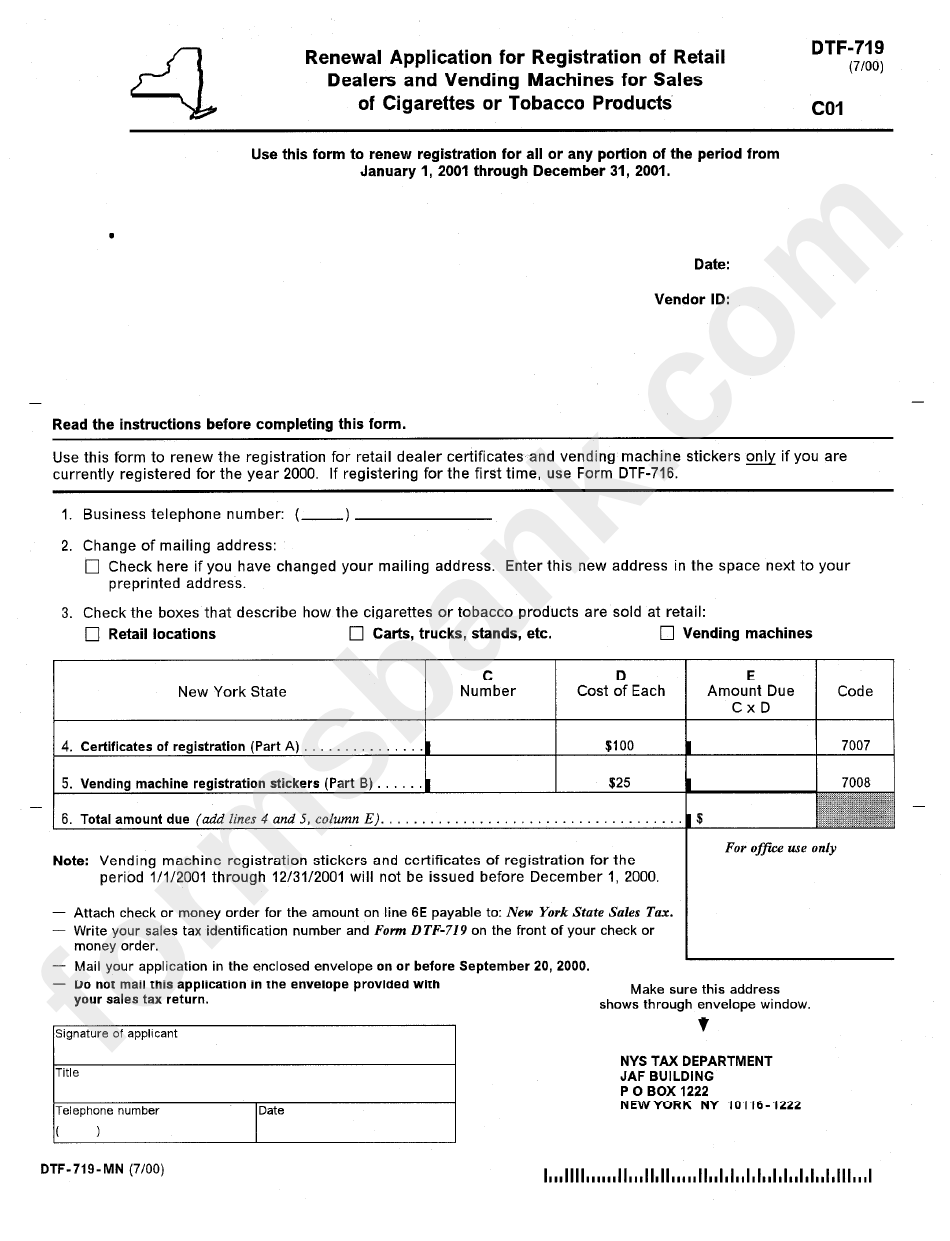 Form Dtf-719-Mn - Renewal Application For Registration Of Retail Dealers And Vending Machines For Sales Of Cigarettes And Tobacco Products