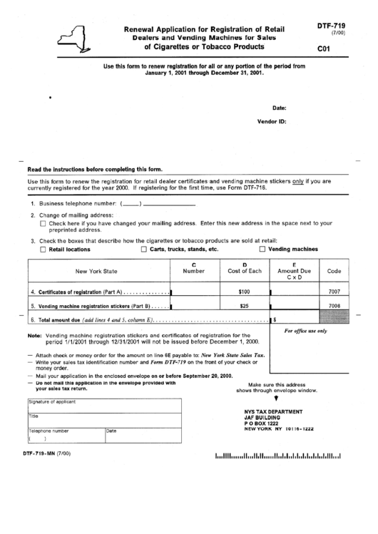 Form Dtf-719-Mn - Renewal Application For Registration Of Retail Dealers And Vending Machines For Sales Of Cigarettes And Tobacco Products Printable pdf