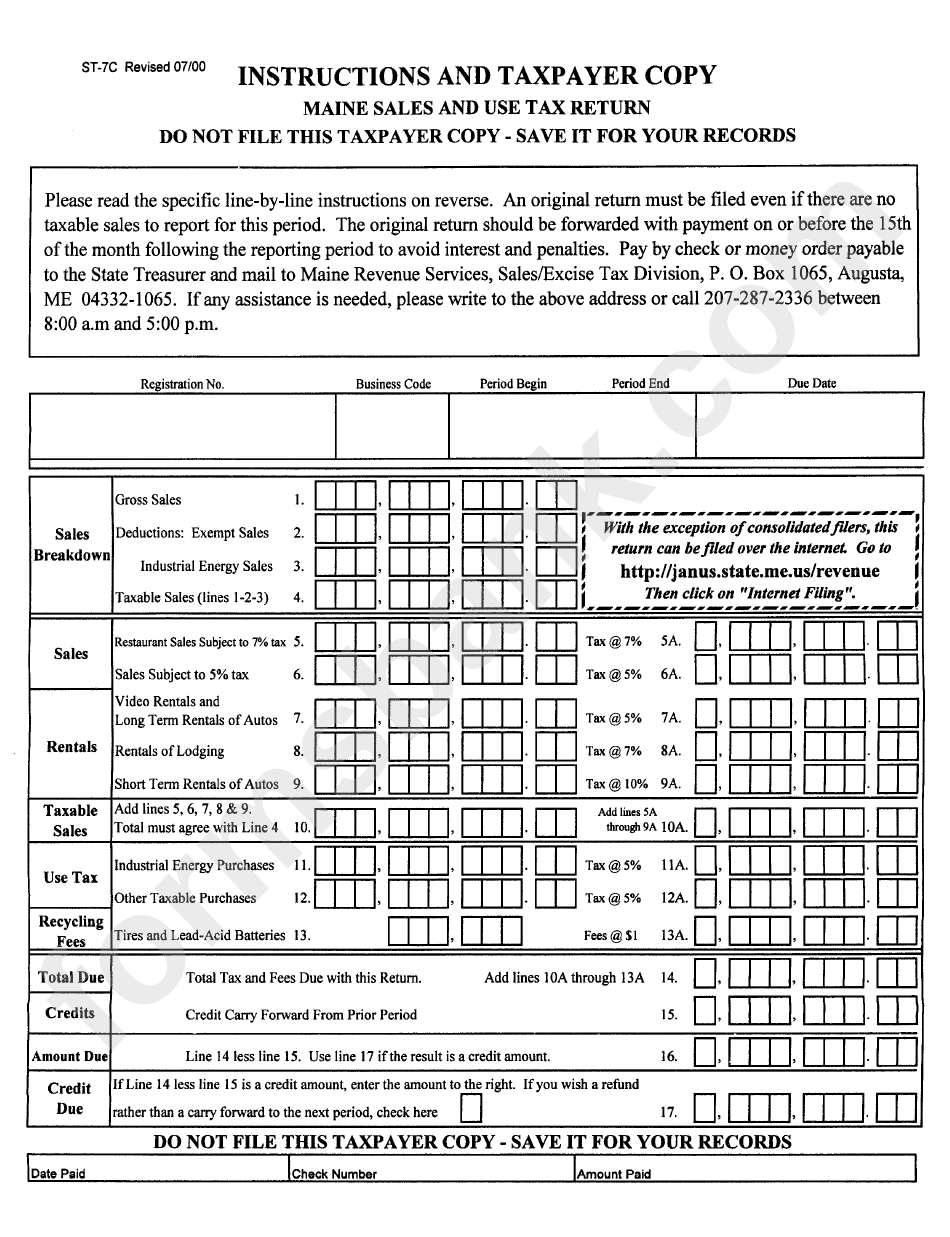 Form St-7c - Instructions And Taxpayer Copy - Maine Sales And Use Tax Return