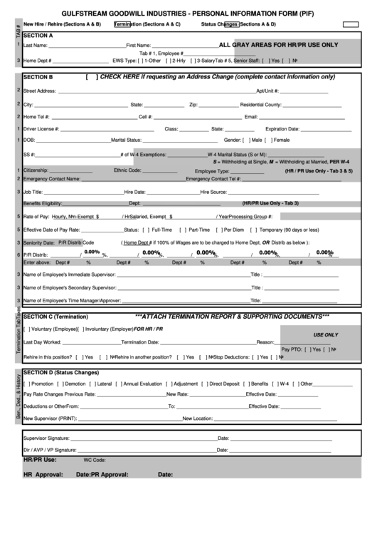 Fillable Personal Information Form (Pif) - Gulfstream Goodwill Industries Printable pdf
