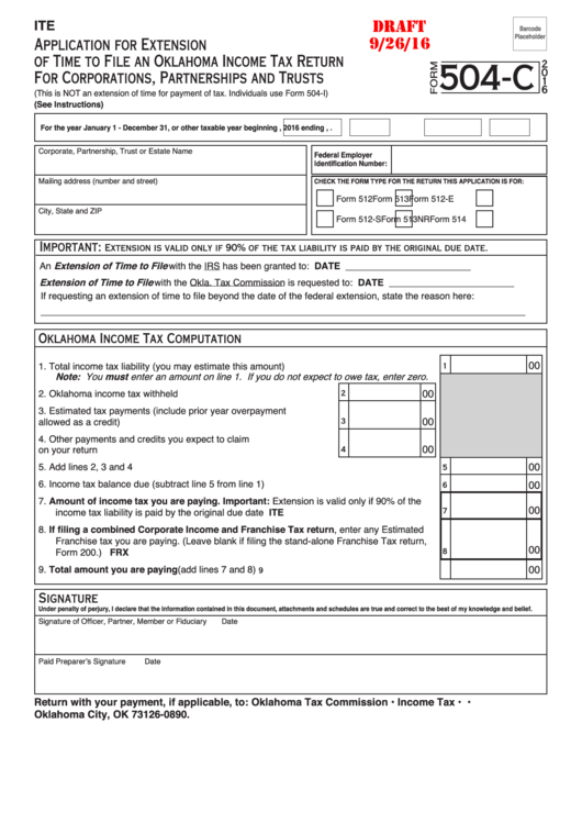 Form 504-C Draft - Application For Extension Of Time To File An Oklahoma Income Tax Return For Corporations, Partnerships And Trusts - 2016 Printable pdf
