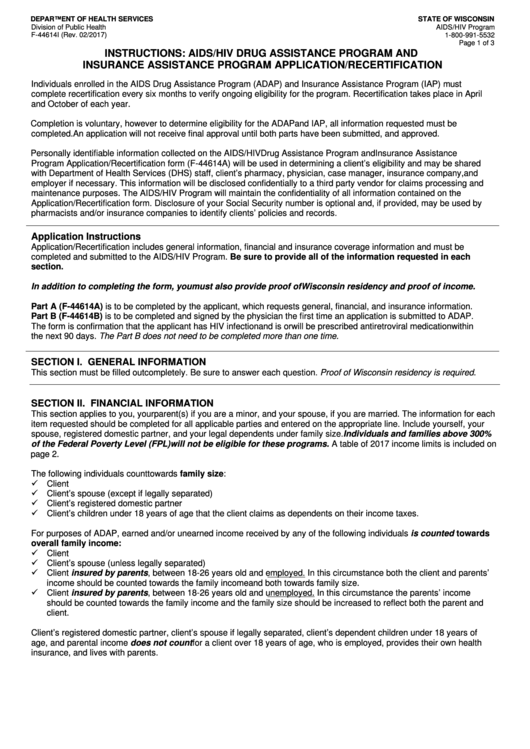 Instructions For Form F-44614i - Aids/hiv Drug Assistance Program And Insurance Assistance Program Application/recertification Printable pdf