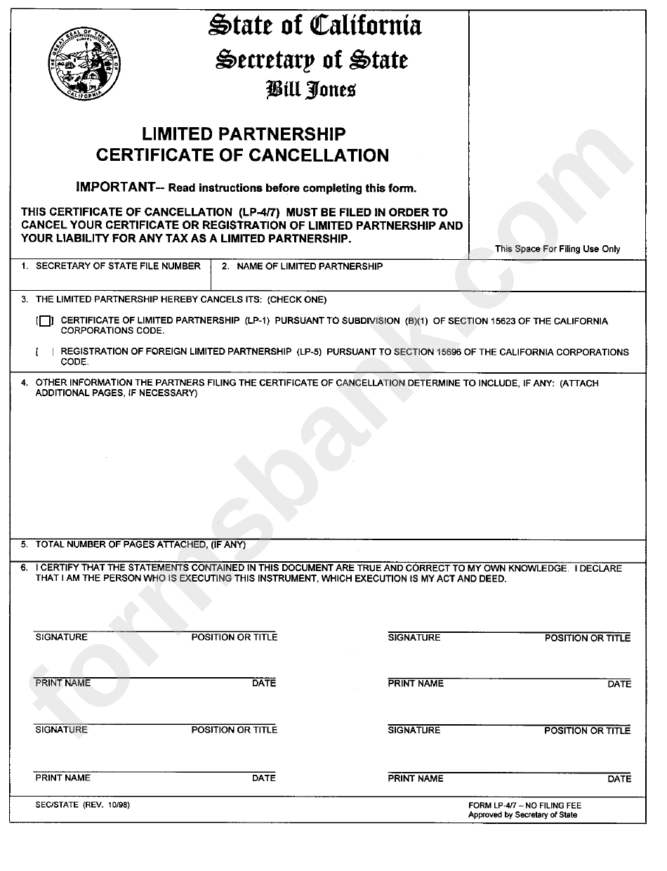 Form Lp- 4/7 - Limited Partnership Certificate Of Cancellation