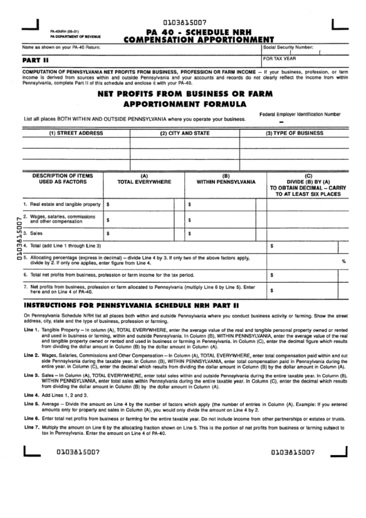 Form Pa-40 - Schedule Nrh - Compensation Apportionment - Pa Department Of Revenue Printable pdf