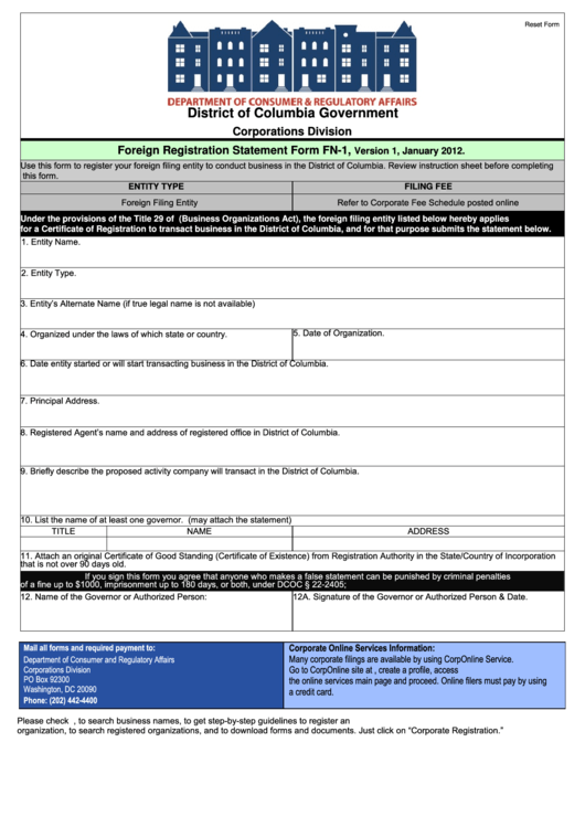 Fillable Form Fn-1 - Foreign Registration Statement - Department Of Consumer And Regulatory Affairs Printable pdf