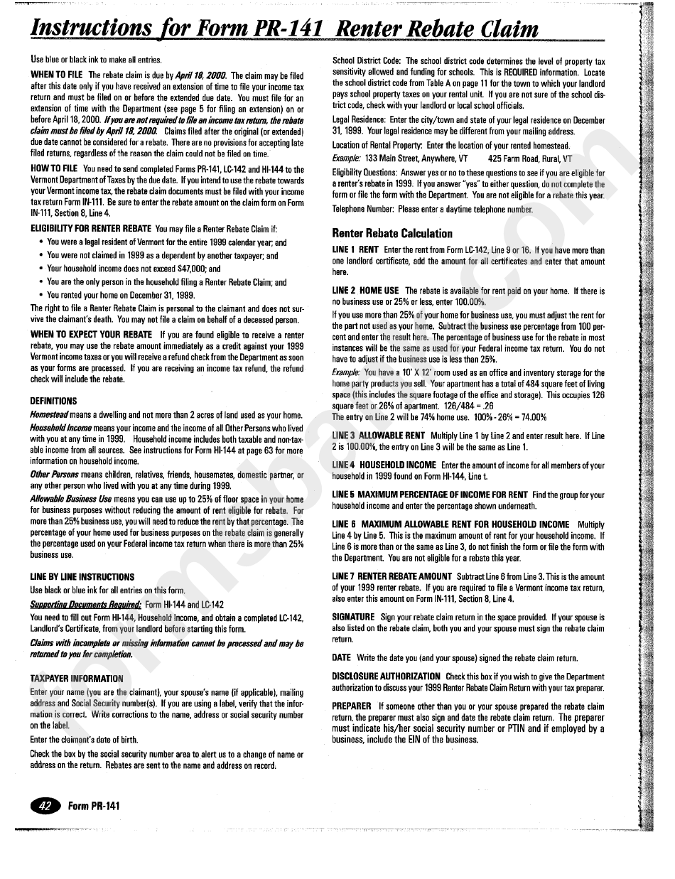 instructions-for-form-pr-141-renter-rebate-claim-printable-pdf-download