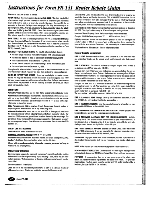 Instructions For Form Pr-141 - Renter Rebate Claim Printable pdf