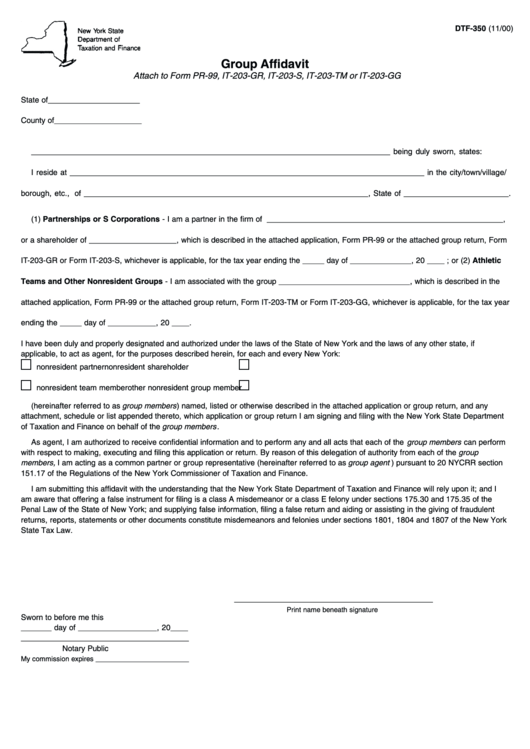 Fillable Form Dtf-350 - Group Affidavit - Department Od Taxation And Finance Printable pdf