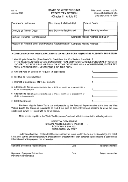 Form Est 76 - Estate Tax Return Printable pdf