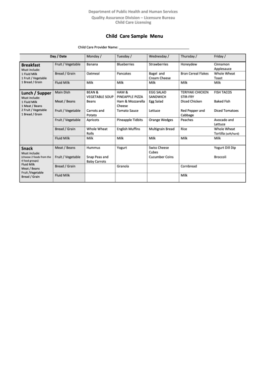 Child Care Sample Menu - Department Of Public Health And Human Services Printable pdf