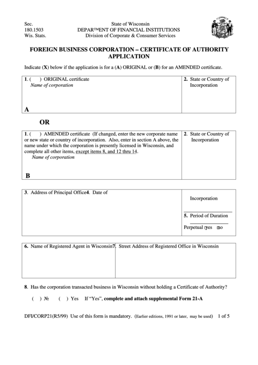 Form Dfi/corp21 - Foreign Business Corporation - Certificate Of Authority Application - 1999 Printable pdf