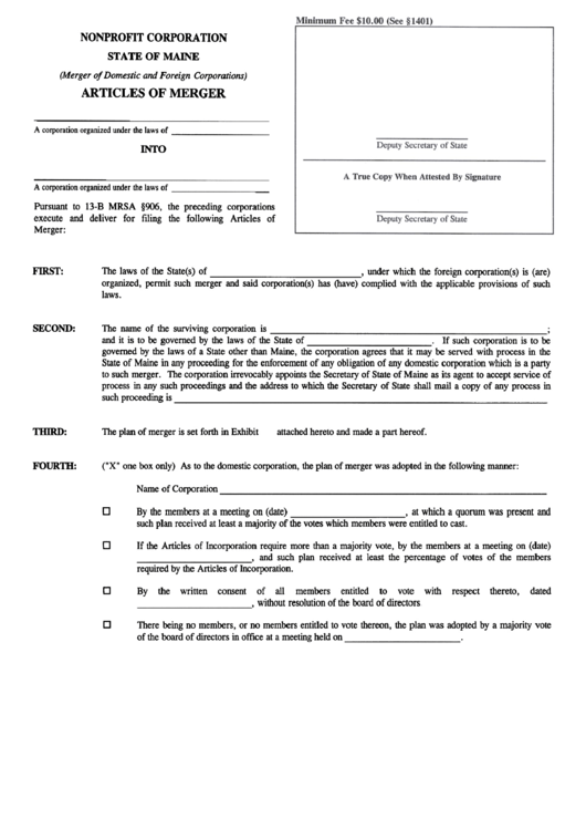 Form No. Mnpca-Ioc - Articles Of Merger - Nonprofit Corporation - State Of Maine Printable pdf