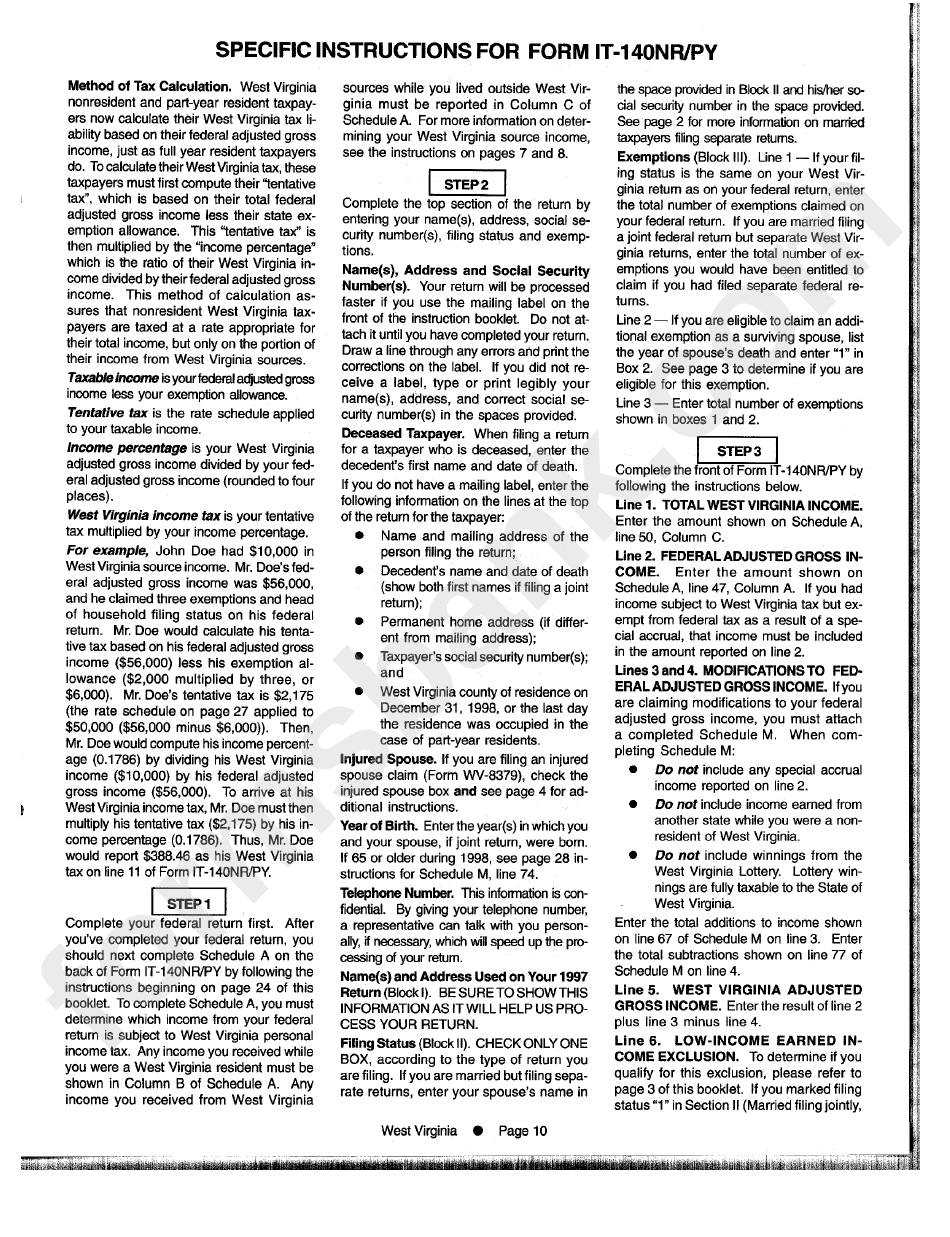 Instructions For Form It-140nr/py - West Virginia State Tax Department