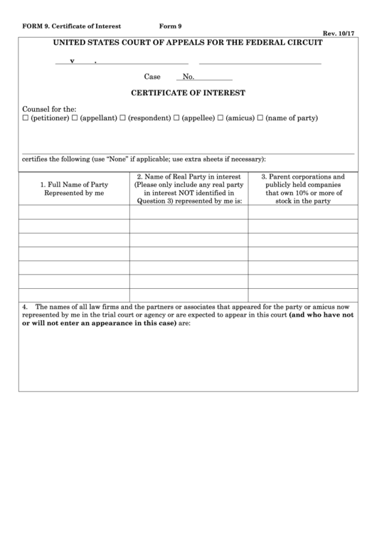 Fillable Form 9 - Certificate Of Interest - United States Court Of Appeals For The Federal Circuit Printable pdf