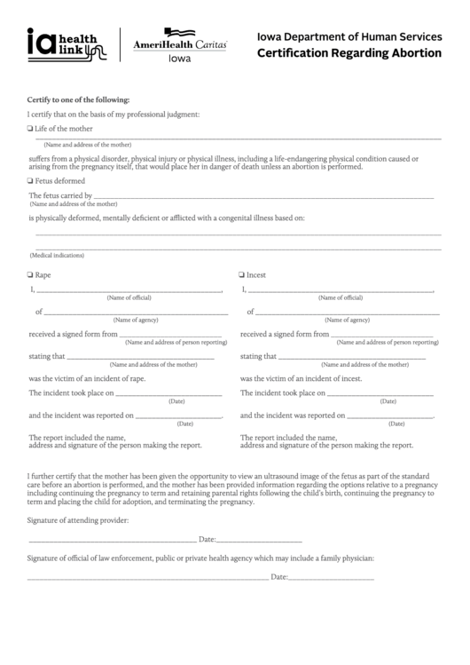 Fillable Form Acia-1522-196 - Certification Regarding Abortion - Iowa Department Of Human Services Printable pdf