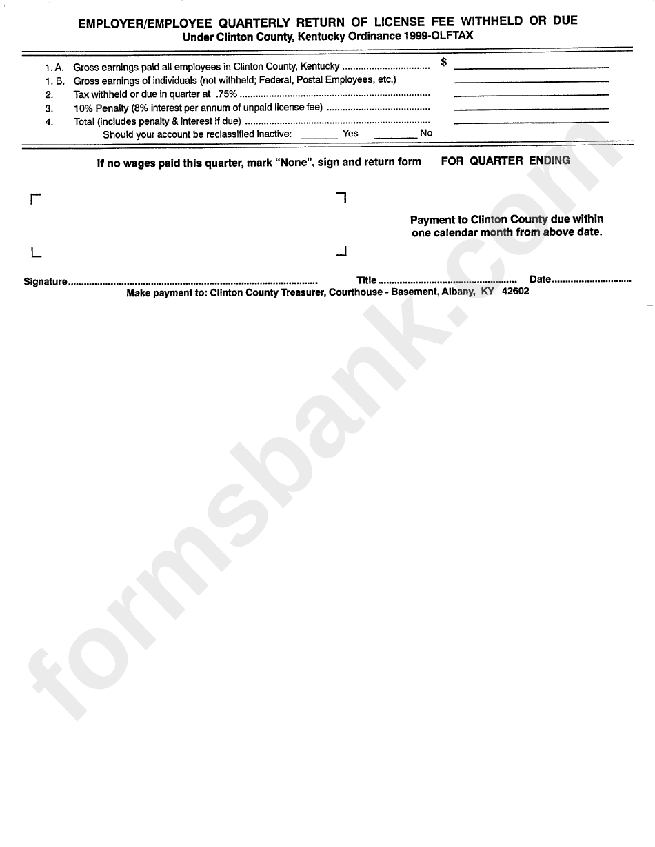 Employer/employee Quarterly Return Of License Fee Withheld Or Due - Clinton County, Kentucky