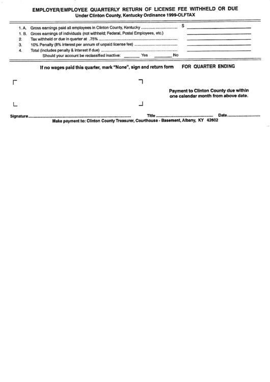 Employer/employee Quarterly Return Of License Fee Withheld Or Due - Clinton County, Kentucky Printable pdf