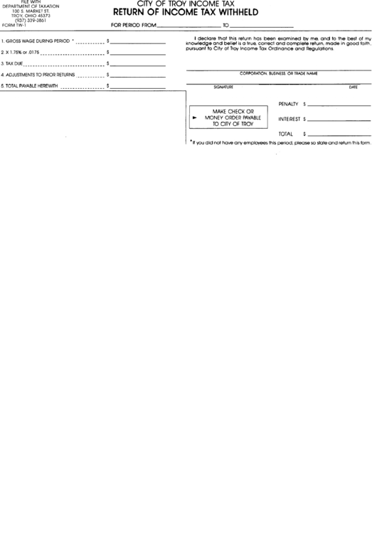 Form Tw 1 Return Of Income Tax Withheld City Of Troy Ohio Income Tax Printable Pdf Download