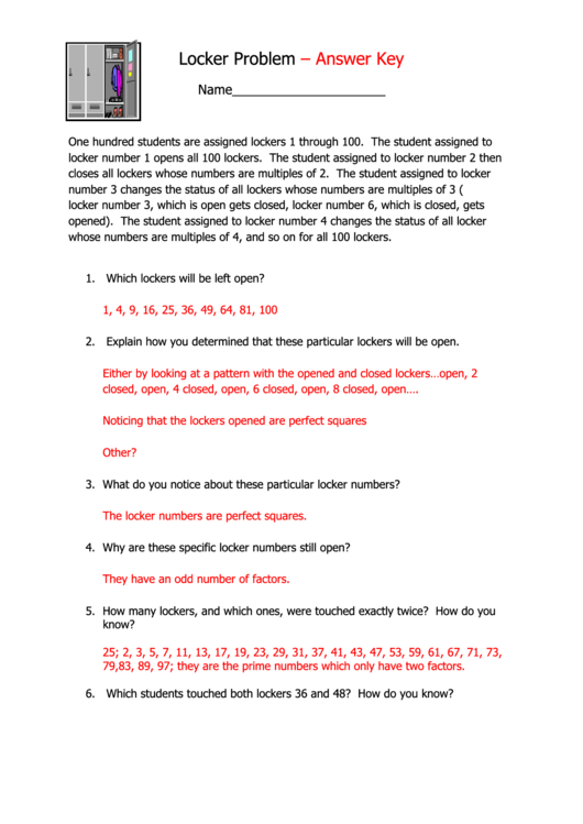 Locker Problem Sheet With Answers Printable pdf