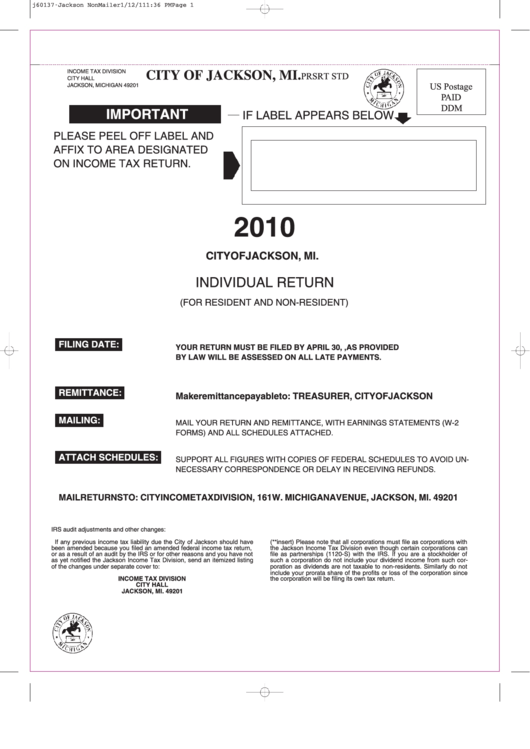 Individual Return (For Resident And Non-Resident) - City Of Jackson - 2010 Printable pdf