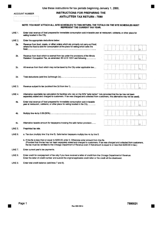 Instructions For Preparing The Anti-Litter Tax Return (Form 7580) - Chicago Department Of Revenue Printable pdf