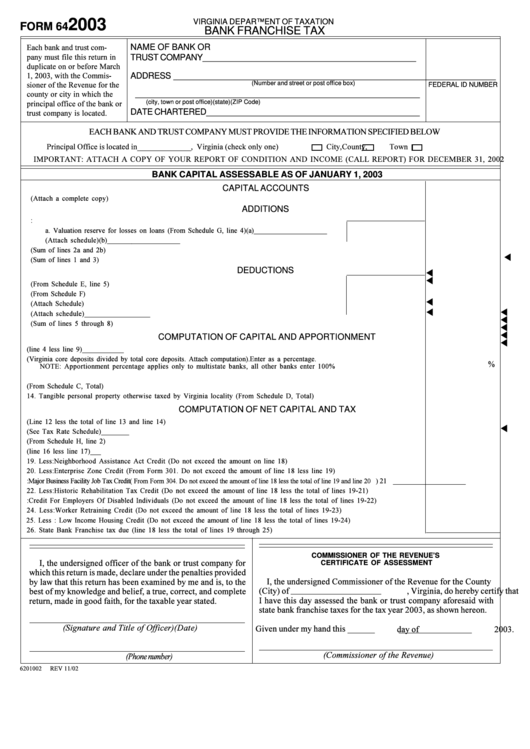 Form 64 - Bank Franchise Tax - 2003 Printable pdf