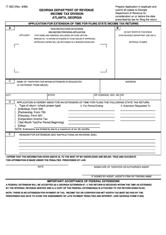 Form It-303 - Application For Extension Of Time For Filing State Income Tax Returns Printable pdf