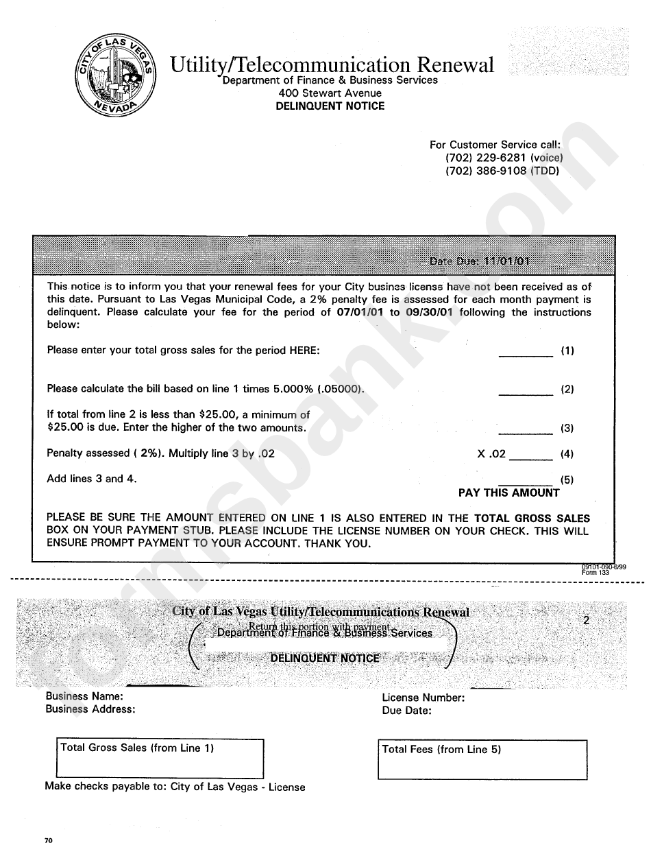 Form 133 - City Of Las Vegas Utility/telecommunications Renewal Delinquent Notice - Nevada Department Of Finance & Business Services